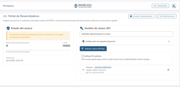 Panel de la API de facturación InvoCash